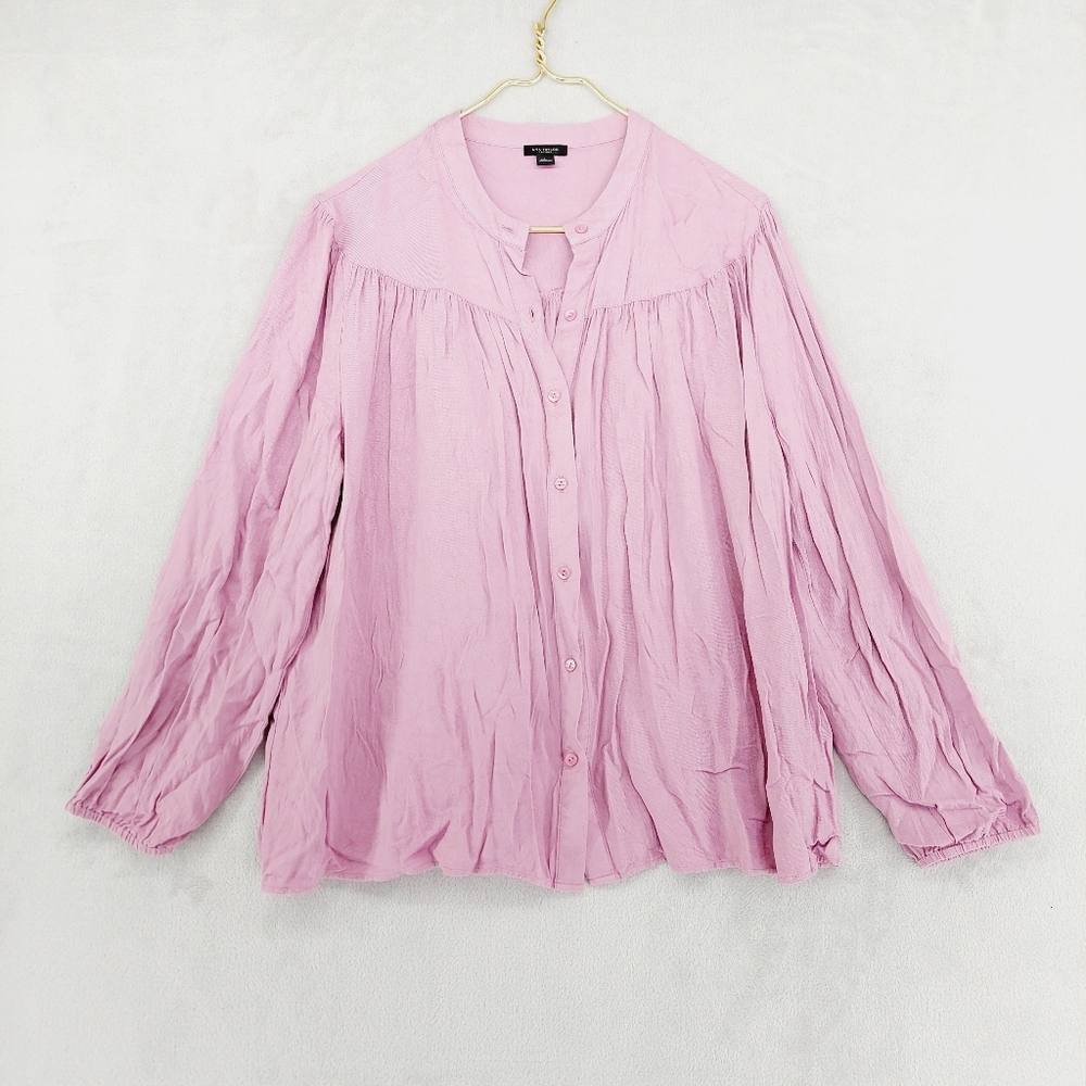 Ann Taylor Factory Pink/Purple Long Sleeve Button Down Rayon Shirt Blouse P3475